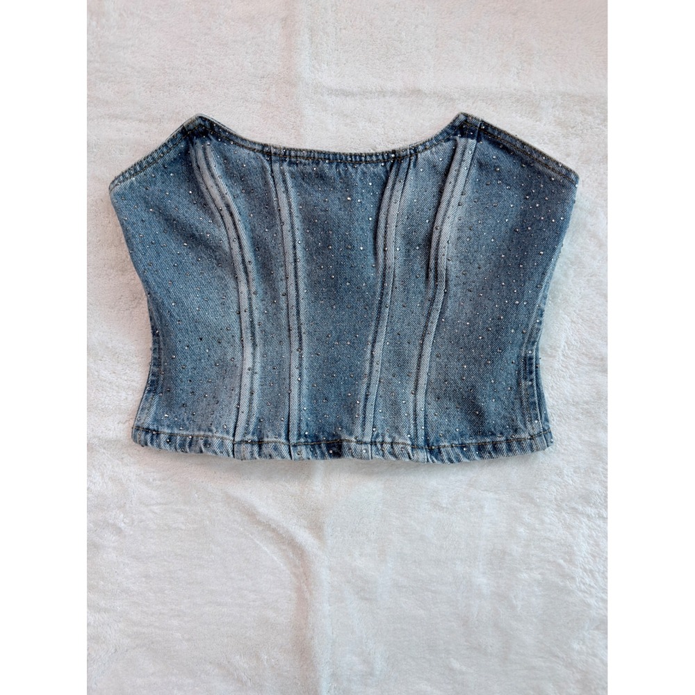 Forever 21 Corset Top Women S Blue Excellent Rhinestone Denim Bustier Strapless